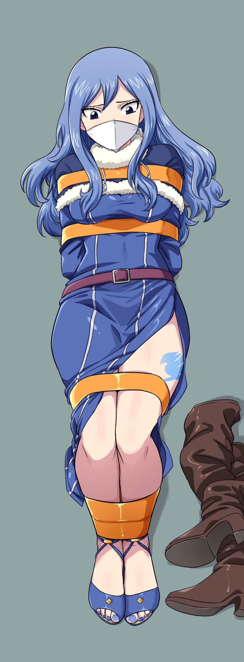 1girl absurdres arms_behind_back belt blue_eyes blue_hair blush bound bound_ankles bound_arms bound_legs bound_torso breasts cloth_gag fairy_tail gag gagged highres improvised_gag juvia_lockser leg_tattoo lost_one_zero over_the_nose_gag tape tape_bondage tattoo