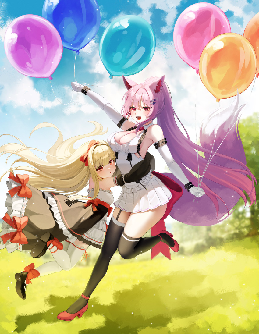 2girls absurdres animal_ears arm_up armpits balloon bare_shoulders between_breasts black_dress black_footwear black_sleeves black_thighhighs blonde_hair breasts cleavage collared_shirt commission day detached_sleeves dress elbow_gloves floating_hair fox_ears fox_girl fox_tail frilled_dress frilled_shirt frills garter_straps gloves gradient_hair hair_ornament hairclip high_heels highres hug large_breasts large_tail leg_up long_hair long_sleeves looking_at_viewer midair midriff_peek miniskirt multicolored_hair multiple_girls necktie necktie_between_breasts open_mouth original outdoors pink_hair pleated_skirt ponytail purple_hair red_eyes red_footwear shant_07 shirt shoes single_garter_strap skirt sleeveless sleeveless_shirt small_breasts smile strapless strapless_dress tail thighhighs thighs two-tone_dress very_long_hair white_dress white_gloves white_shirt white_skirt white_thighhighs zettai_ryouiki