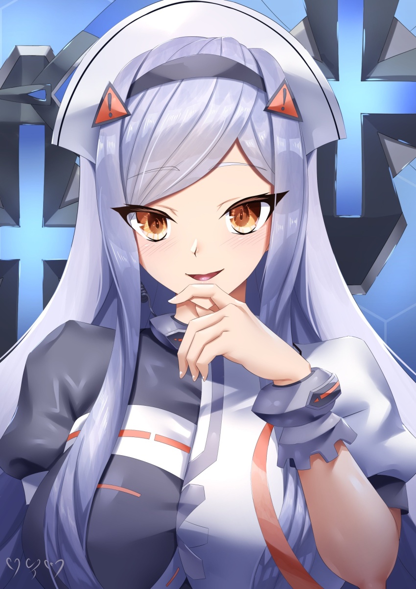 1girl black_dress black_lilith_(last_origin) close-up curecycadura dress grey_hair grin hairband hand_on_own_chin hat highres juliet_sleeves last_origin long_hair long_sleeves looking_at_viewer nurse_cap orange_eyes puffy_sleeves smile two-tone_dress white_dress