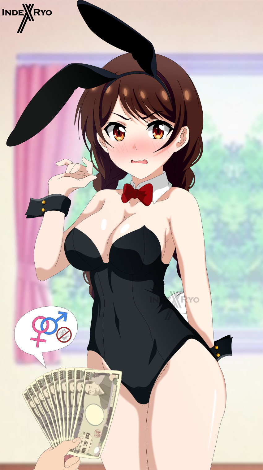 1girl absurdres animal_costume blush breasts brown_hair highres indexryo kanojo_okarishimasu large_breasts long_hair mizuhara_chizuru money orange_eyes rabbit_costume rabbit_ears rabbit_tail