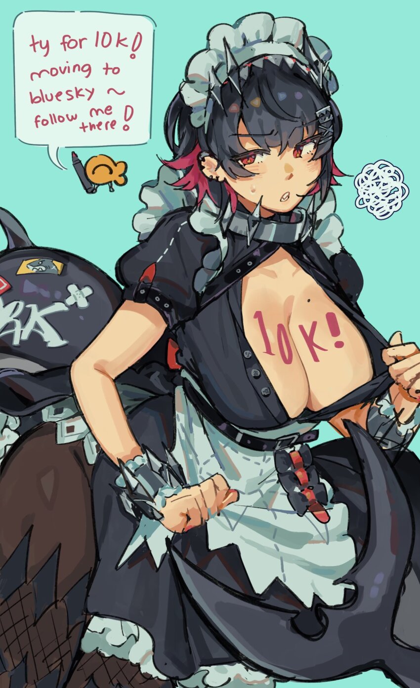 1girl apron artist_self-insert black_hair breasts buttons camiyaki dress ellen_joe english_text fins fish_tail flashing highres large_breasts leaning_forward long_tail looking_at_viewer maid maid_headdress metal_hairband mole mole_on_breast mole_under_eye multicolored_hair multiple_moles pantyhose red_eyes red_hair shark_tail short_hair simple_background spiked_headband squiggle tail two-tone_hair unbuttoned waist_apron zenless_zone_zero