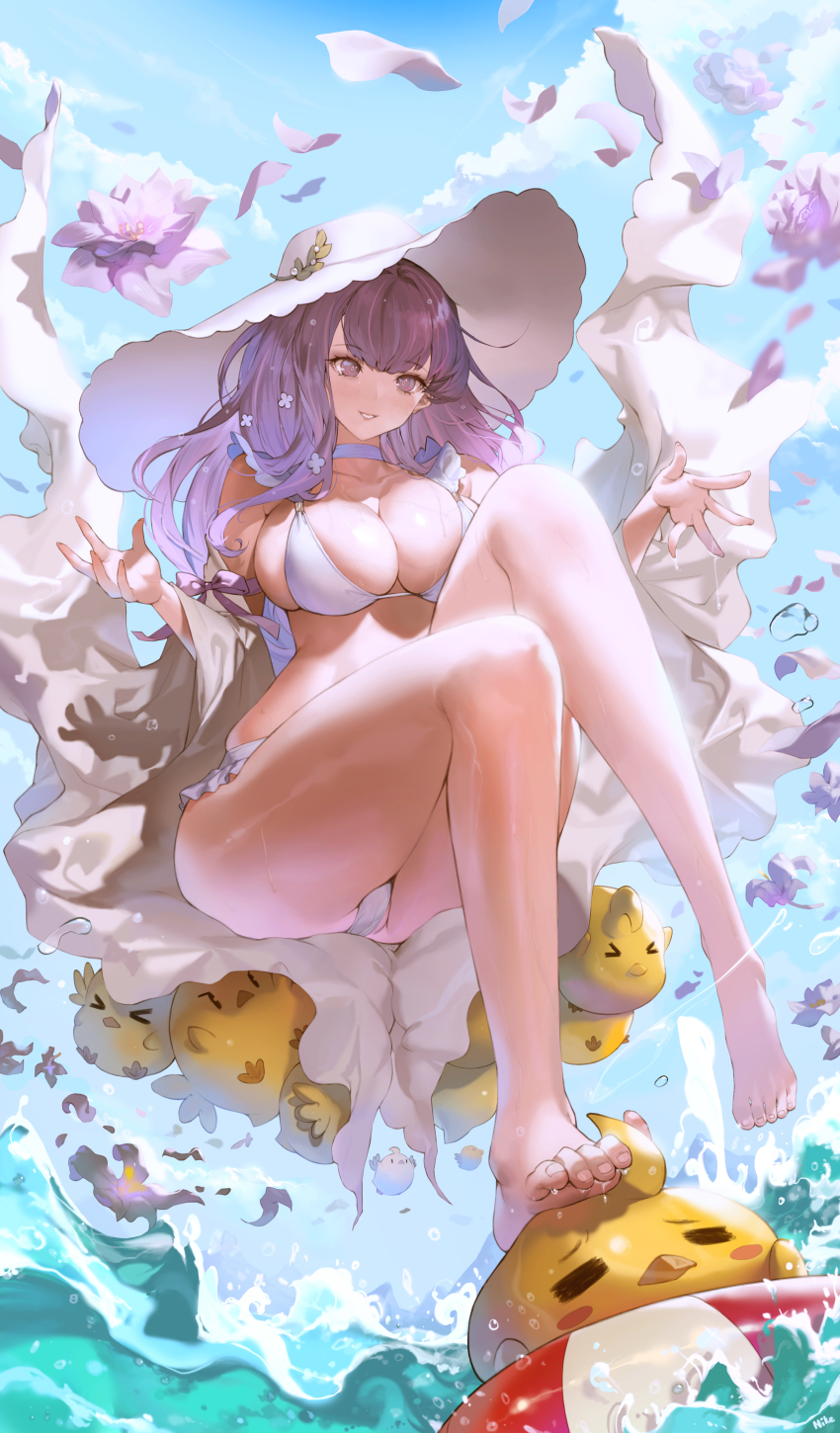 1girl absurdres azur_lane bikini breasts hat highres large_breasts lifebuoy long_hair nike_(nike1060) plymouth_(azur_lane) purple_eyes purple_hair solo swim_ring swimsuit white_bikini white_hat