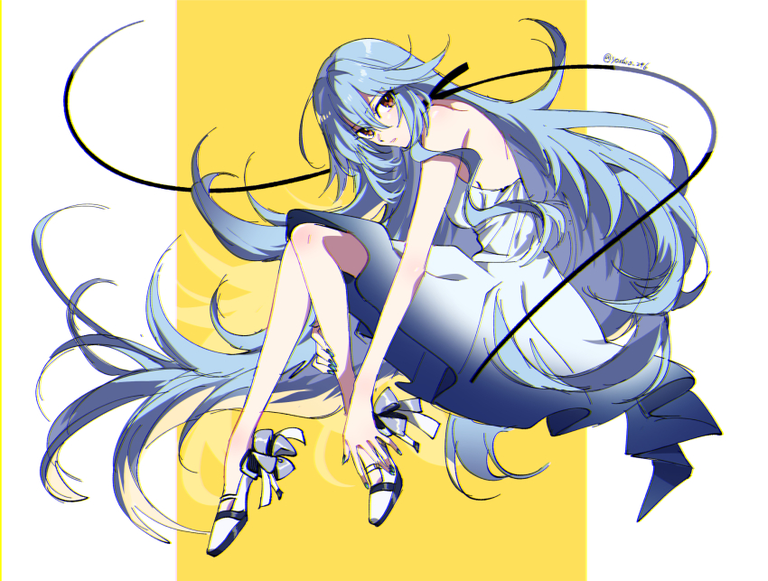 1girl absurdly_long_hair ankle_bow ankle_ribbon ayanami_rei black_ribbon blue_dress blue_hair blue_nails bow brown_eyes dress evangelion:_3.0+1.0_thrice_upon_a_time full_body gradient_clothes gradient_dress grey_bow hair_between_eyes hair_ribbon highres leg_ribbon long_hair looking_at_viewer nail_polish neon_genesis_evangelion rebuild_of_evangelion ribbon solo twitter_username very_long_hair white_dress yoshio_296