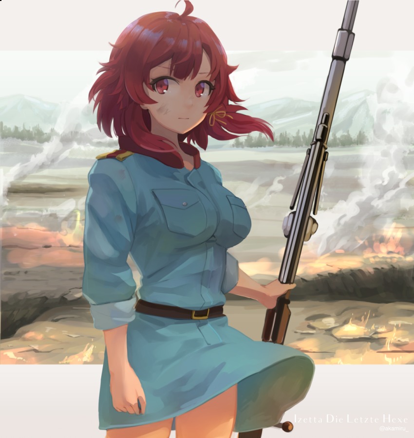 10s 1girl ahoge akame_(akamiru) anti-materiel_rifle artist_name bad_id bad_pixiv_id battlefield belt breasts commentary copyright_name dirty dirty_face expressionless facing_viewer female_focus fire gun holding holding_gun holding_weapon izetta large_breasts looking_at_viewer matching_hair/eyes military military_uniform mountain outdoors red_eyes red_hair rifle serious short_hair shuumatsu_no_izetta smoke sniper_rifle solo standing tree twitter_username weapon wind wind_lift