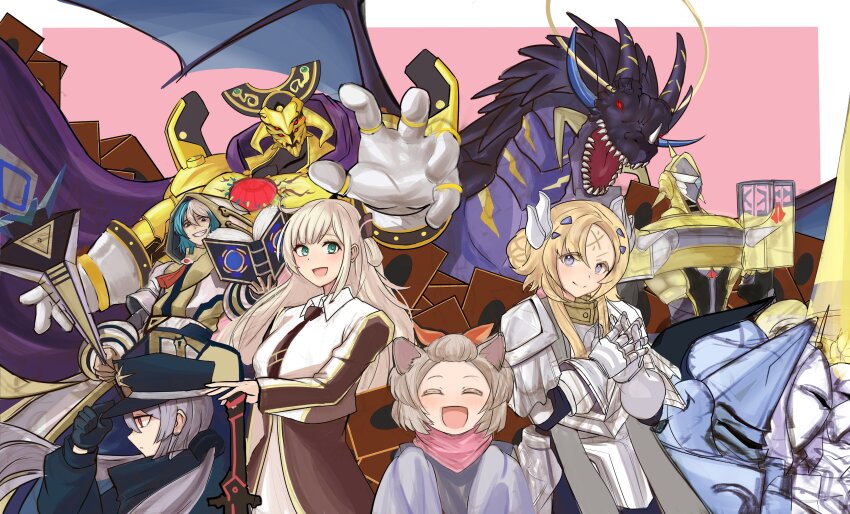 2boys 2others 4girls absurdres ash_blossom_&amp;_joyous_spring black_jacket blonde_hair dragon eldlich_the_golden_lord gloves highres jacket komura555 multiple_boys multiple_girls multiple_others pink_background simple_background sky_striker_ace_-_raye sky_striker_ace_-_roze smile twitter upper_body white_gloves white_jacket yu-gi-oh!