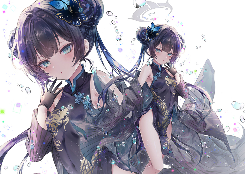 1girl aqua_eyes bare_legs black_dress black_gloves black_hair blue_archive breasts butterfly_hair_ornament china_dress chinese_clothes double_bun dress floating_hair gloves hair_bun hair_intakes hair_ornament kisaki_(blue_archive) kobayashi_yoshitaka long_hair looking_at_viewer open_mouth print_dress side_slit skin_tight sleeveless sleeveless_dress small_breasts solo standing very_long_hair