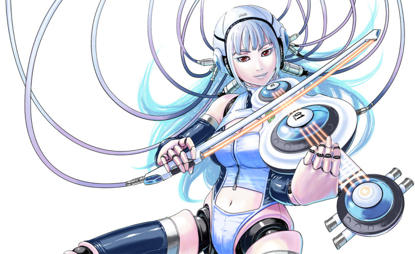 android blue_hair doll_joints exit_trance helmet instrument joints navel original red_eyes seo_hiroshi solo violin