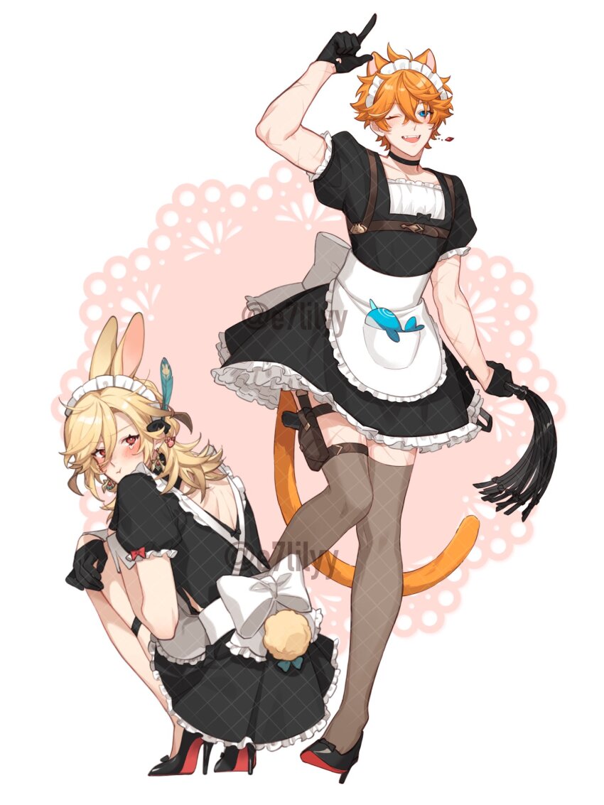 2boys :t ;d ahoge alkalilyy alternate_costume animal_ears apron arm_up artist_name back_bow back_cutout black_choker black_dress black_footwear black_gloves black_ribbon blonde_hair blue_eyes blush bow braid brown_thighhighs cat_boy cat_ears cat_tail chest_harness choker closed_mouth clothing_cutout collarbone commentary crossdressing crossed_bangs dress earrings embarrassed english_commentary enmaided fangs feather_hair_ornament feathers floating_earring frilled_apron frilled_sleeves frills from_behind genshin_impact gloves gun hair_between_eyes hair_ornament half_gloves handgun harness high_heels highres holding holding_whip holster jewelry kaveh_(genshin_impact) leg_up long_hair looking_at_viewer looking_back maid maid_headdress male_focus multiple_boys multiple_scars one_eye_closed open_mouth orange_hair pink_background pocket pout puffy_short_sleeves puffy_sleeves rabbit_boy rabbit_ears rabbit_hair_ornament rabbit_tail red_bow red_eyes ribbon scar scar_on_arm scar_on_leg shoes short_dress short_hair short_sleeves simple_background single_braid single_earring smile squatting standing standing_on_one_leg stuffed_animal stuffed_narwhal stuffed_toy tail tartaglia_(genshin_impact) tearing_up tears teeth thigh_holster thigh_strap thighhighs twitter_username two-tone_background upper_teeth_only v-shaped_eyebrows waist_apron weapon whip white_apron white_background white_bow wrist_cuffs