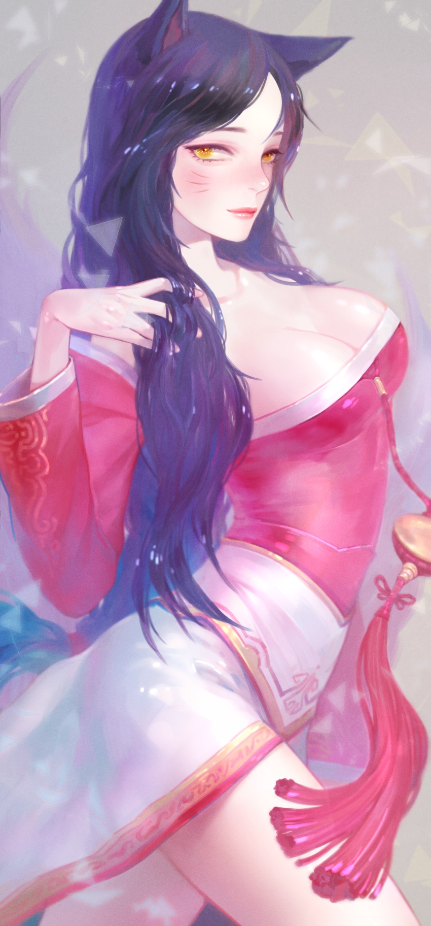 1girl absurdres ahri_(league_of_legends) animal_ears black_hair breasts cleavage detached_sleeves dress facial_mark female_focus fox_ears fox_tail heather37 highres league_of_legends long_hair long_sleeves smile solo strapless tail yellow_eyes