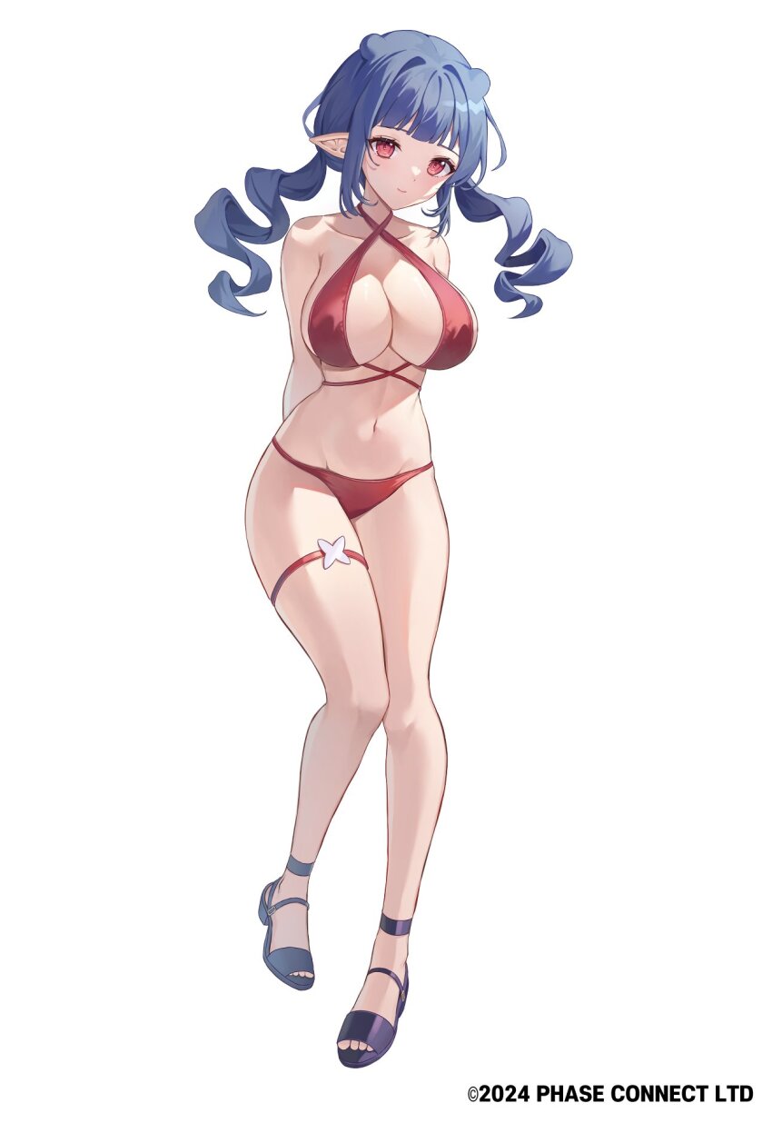 1girl arms_behind_back bare_shoulders bikini black_footwear blue_hair closed_mouth collarbone copyright_notice criss-cross_halter curly_hair dizzy_dokuro double_bun full_body greenapple hair_bun halterneck highres long_hair navel phase_connect pointy_ears red_bikini red_eyes solo swimsuit thigh_strap virtual_youtuber