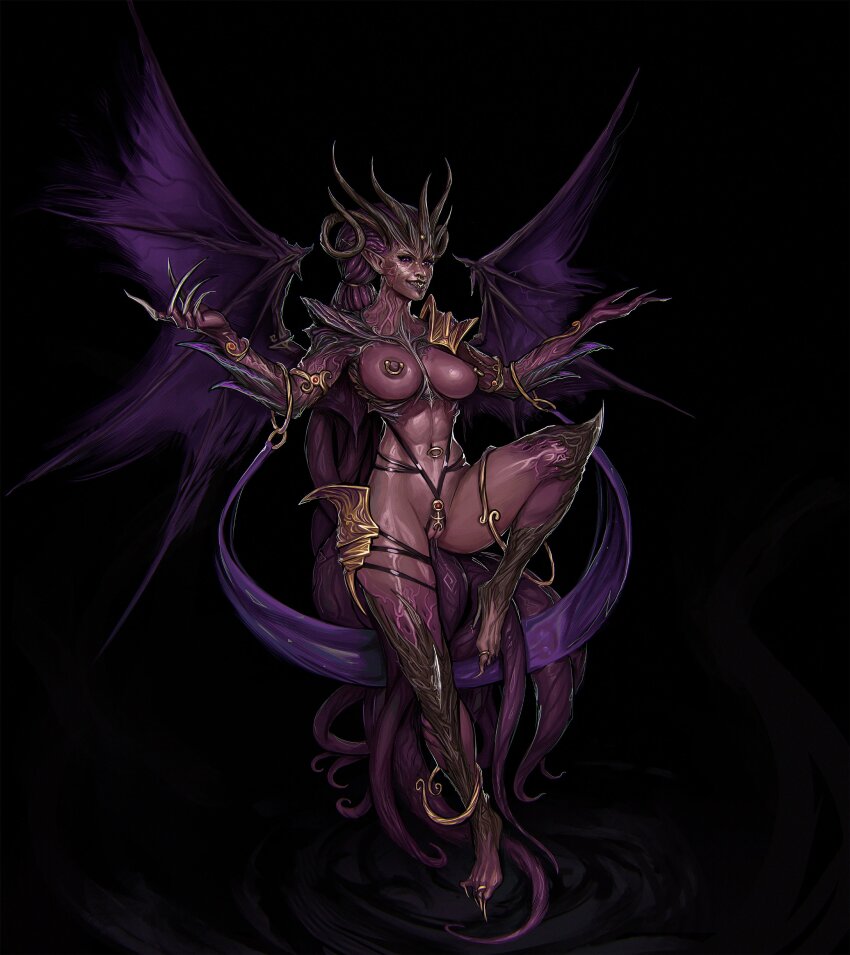 1girl absurdres black_background breasts claws collarbone colored_skin demon_girl demon_horns full_body grin hands_up highres horns knight_of_cydonia large_breasts navel nipples original pink_eyes purple_wings pussy red_skin shiny_skin shoulder_plates smile solo stomach teeth tentacle_hair torn_wings wings