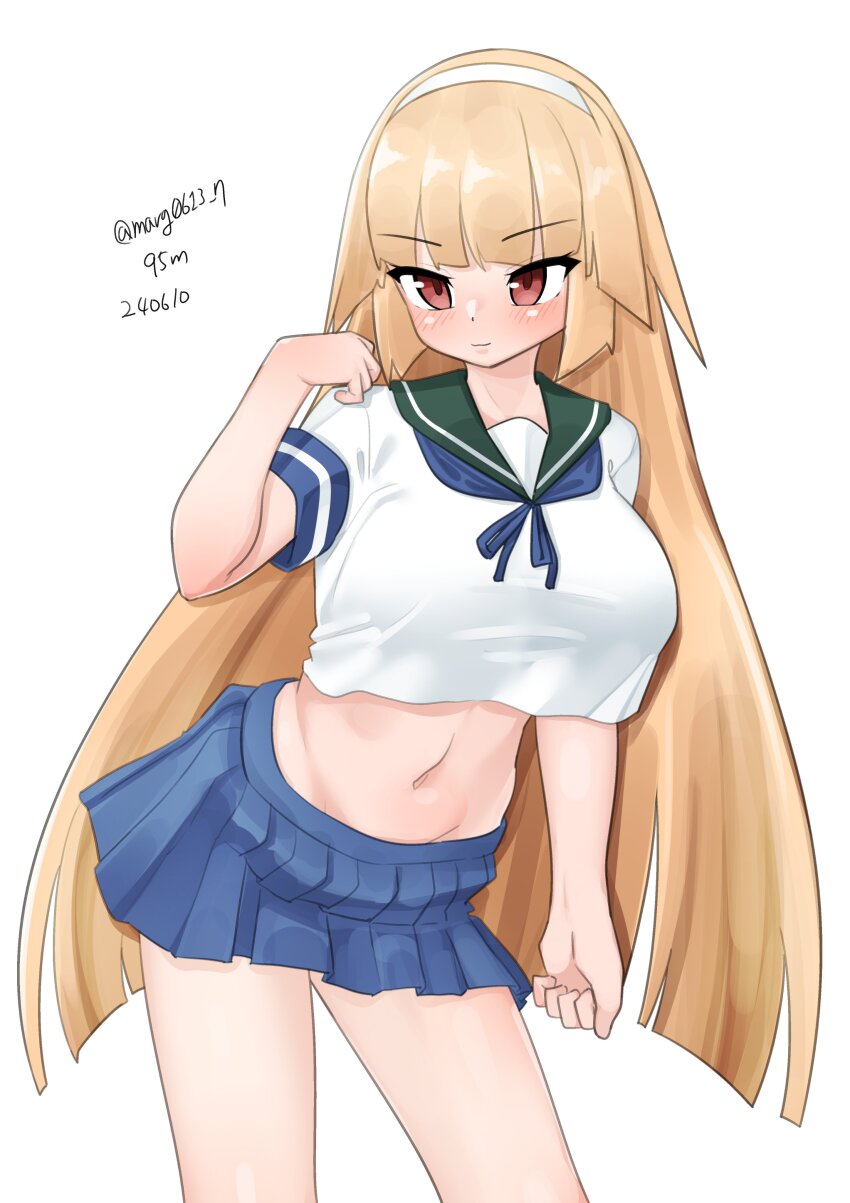 1girl absurdres blonde_hair blue_eyes blue_neckerchief blue_sailor_collar blue_skirt breasts brooklyn_(kancolle) cosplay dated eyebrows_hidden_by_hair hairband highres kantai_collection large_breasts long_hair maru_(marg0613) midriff navel neckerchief one-hour_drawing_challenge pleated_skirt sailor_collar school_uniform serafuku shirt shorts shorts_under_skirt skirt solo tsurime twitter_username undersized_clothes ushio_(kancolle) ushio_(kancolle)_(cosplay) ushio_kai_ni_(kancolle) ushio_kai_ni_(kancolle)_(cosplay) white_hairband white_shirt