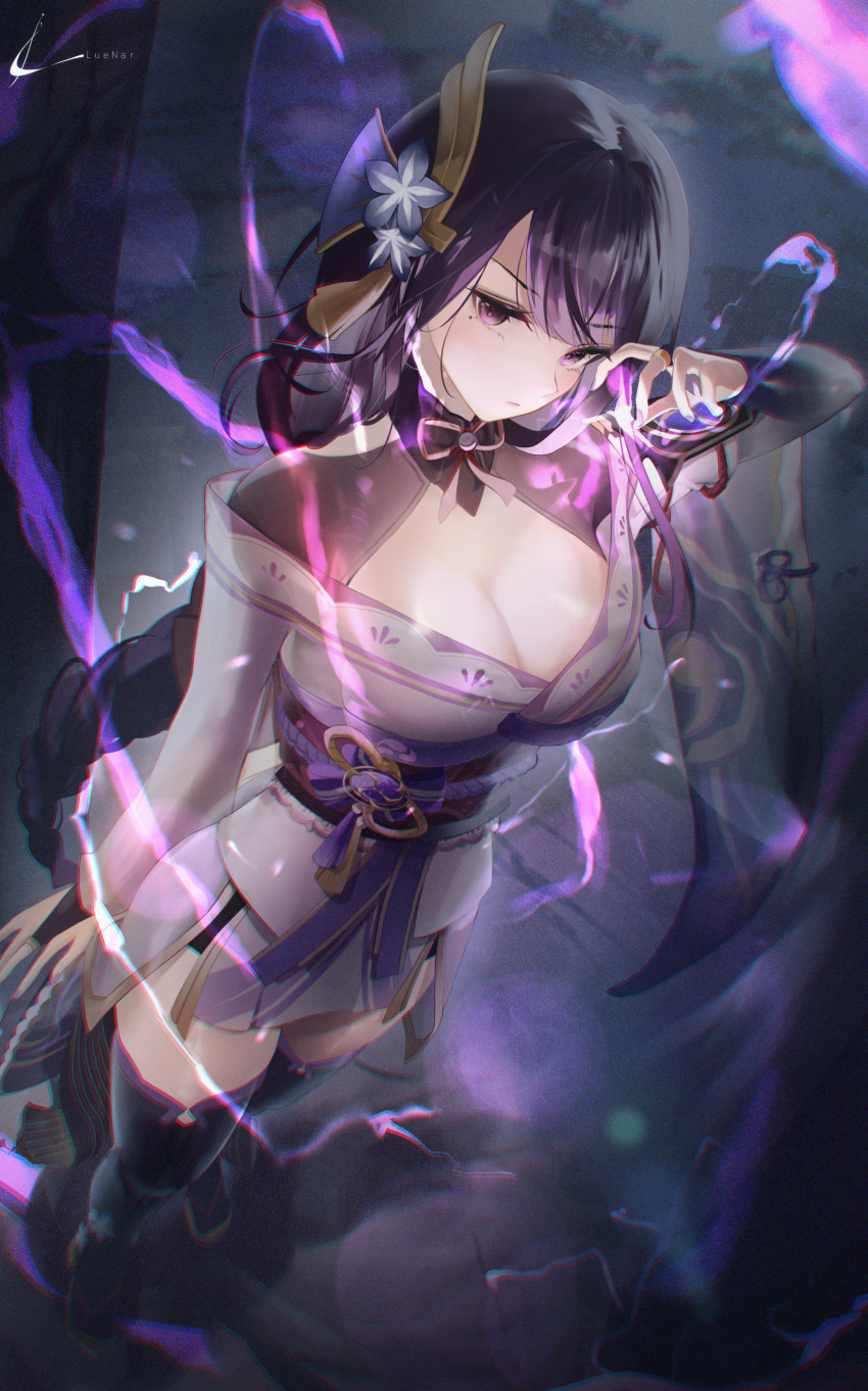 1girl absurdres arm_at_side black_thighhighs blurry blush braid breasts bridal_gauntlets cleavage cleavage_cutout closed_mouth clothing_cutout commentary dark depth_of_field eyelashes fighting_stance flower foreshortening from_above full_body genshin_impact hair_flower hair_ornament hand_up highres hip_vent jitome large_breasts long_hair long_sleeves low-braided_long_hair low-tied_long_hair low_ponytail luenar magic miniskirt mole mole_under_eye nose purple_eyes purple_hair raiden_shogun serious signature skirt solo standing swept_bangs symbol-only_commentary thighhighs upturned_eyes v-shaped_eyebrows very_long_hair