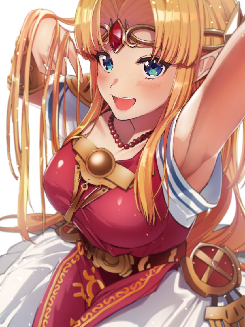 1girl ao_haruki arm_up armor armpits bead_necklace beads belt blonde_hair blue_eyes blush breasts dress from_above hand_in_own_hair hand_up highres jewelry large_breasts long_hair looking_at_viewer necklace nintendo open_mouth parted_bangs pauldrons pink_dress princess princess_zelda short_sleeves shoulder_armor simple_background smile solo the_legend_of_zelda the_legend_of_zelda:_a_link_between_worlds tiara two-tone_dress white_background white_dress