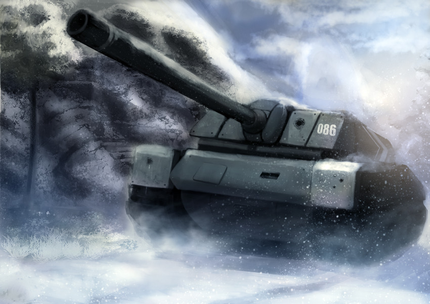 baliu caterpillar_tracks commentary_request highres military military_vehicle motor_vehicle no_humans rock short_hair snow snowing tank vehicle_focus world_of_tanks