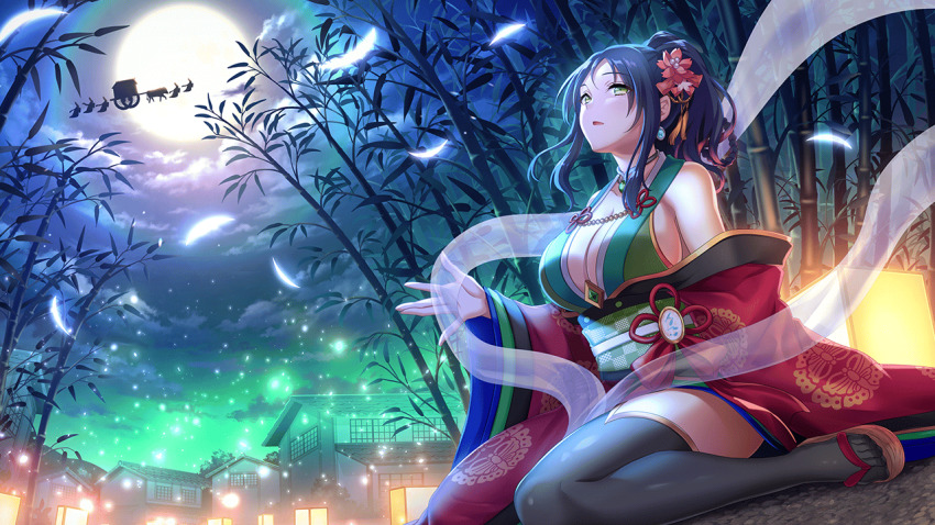 1girl aerial_fireworks architecture bamboo bamboo_forest bare_shoulders black_hair branch breasts building city_lights cityscape cleavage constellation dana_darrell_domyoji deep_one_kyomu_to_mugen_no_fragment dutch_angle earrings east_asian_architecture falling_leaves fireflies fireworks flower forest full_moon galaxy gradient_sky hair_flower hair_ornament in_tree ivy japanese_clothes jewelry jungle kimono lamppost lantern large_breasts leaf light_particles lily_(flower) lily_of_the_valley long_hair milky_way moon moonlight morning_glory natsuhiko nature night night_sky non-web_source obi plant sandals sash scenery shooting_star side_slit sitting sky skyline solo star_(sky) starry_sky starry_sky_print tanabata tanzaku thighhighs tree vines wide_sleeves window winter yellow_eyes yukata