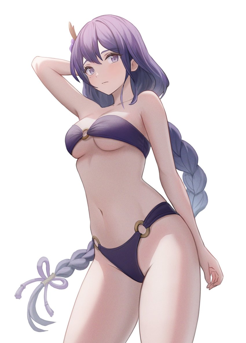 1girl armpits bandeau bare_arms bare_legs bare_shoulders bikini black_bikini blush braid breasts cleavage collarbone flower genshin_impact geomissword hair_flower hair_ornament highres long_hair looking_at_viewer low-braided_long_hair low-tied_long_hair mole mole_under_eye navel neck o-ring o-ring_bikini o-ring_swimsuit o-ring_top purple_bikini purple_eyes purple_hair raiden_shogun simple_background single_braid strapless strapless_bikini swimsuit very_long_hair white_background