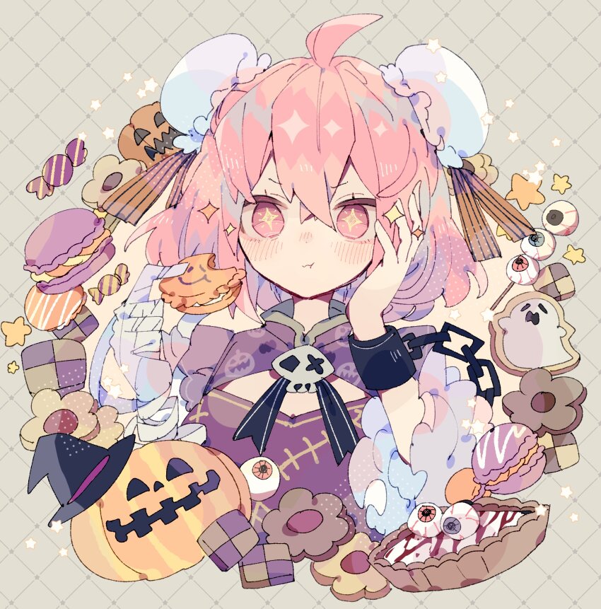 +_+ 1girl bandaged_arm bandages blush bun_cover candy cookie cuffs double_bun eating eyeball false_arm false_limb food hair_bun halloween hand_on_own_face hat highres ibaraki_kasen macaron nikorashi-ka pie pink_eyes pink_hair pumpkin shackles skull sparkle sparkling_eyes touhou wild_and_horned_hermit witch_hat