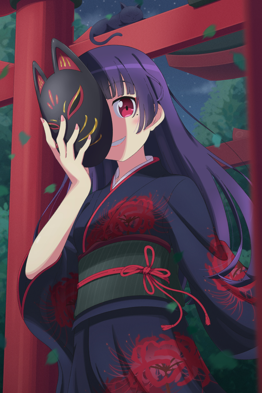 1girl absurdres alternate_costume black_cat black_kimono black_mask cat floral_print fox_mask gokou_ruri grin highres japanese_clothes kimono long_hair looking_at_viewer mask night obi one_eye_covered ore_no_imouto_ga_konna_ni_kawaii_wake_ga_nai outdoors purple_hair red_eyes sash scarletsky smile solo spider_lily_print torii