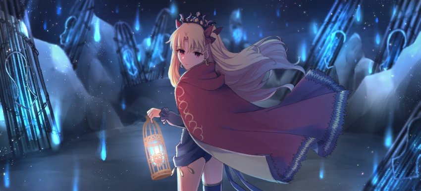 1girl blonde_hair cage cape cloak commentary earrings ereshkigal_(fate) fate/grand_order fate_(series) hitodama hoop_earrings jewelry looking_at_viewer looking_back red_cape red_eyes red_ribbon ribbon single_thighhigh solo thighhighs tiara underworld zhu_li