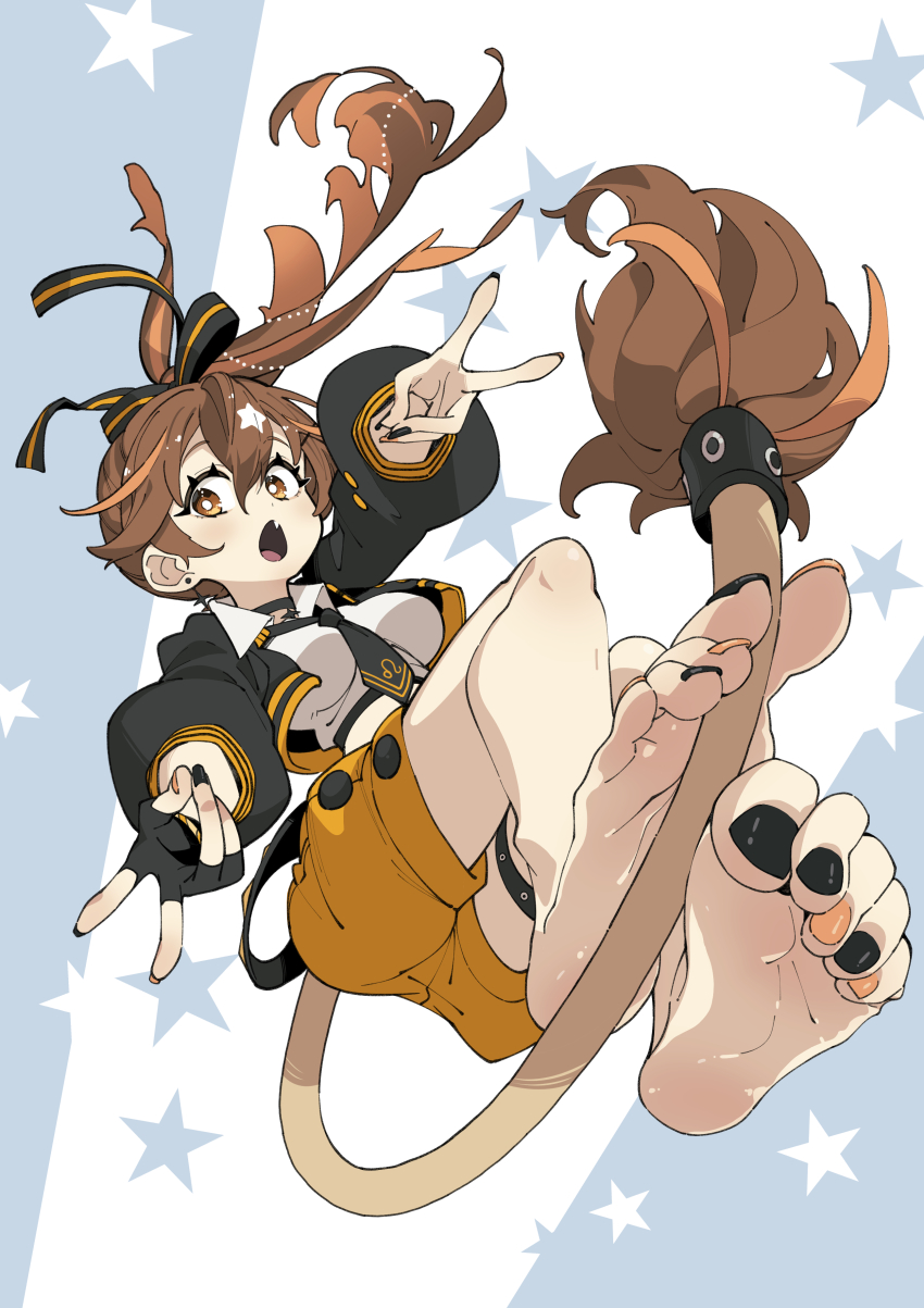 1girl absurdres barefoot black_nails brown_hair double_v feet foot_focus full_body hair_between_eyes highres long_hair looking_at_viewer multicolored_nails nail_polish open_mouth orange_nails re:act shishigami_leona soles solo toenail_polish toenails toes ushiki_yoshitaka v virtual_youtuber