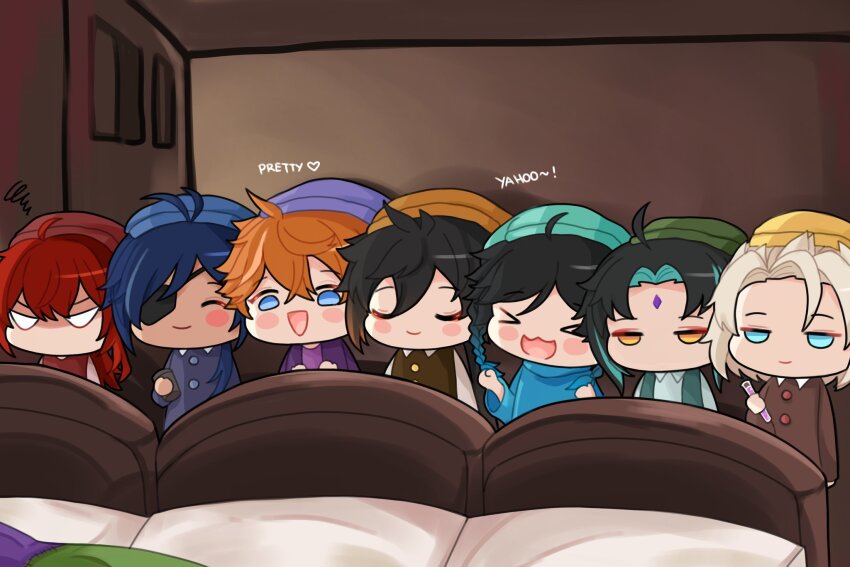 &gt;_&lt; 6+boys ahoge albedo_(genshin_impact) angry antenna_hair aqua_hair aqua_headwear bed black_hair blanket blonde_hair blue_eyes blue_hair blue_shirt blue_sweater blush_stickers braid brown_headwear brown_sweater brown_vest buttons chibi closed_eyes closed_mouth collared_jacket collared_shirt commentary crossed_bangs crossover cup dark-skinned_male dark_skin diluc_(genshin_impact) english_commentary english_text eyepatch eyeshadow facial_mark floor forehead_mark genshin_impact gradient_hair green_headwear green_vest grey_hair hair_between_eyes half-closed_eyes hand_up hands_up happy hat heart highres holding holding_cup holding_test_tube jacket kaeya_(genshin_impact) kyou_0120 long_hair long_sleeves looking_to_the_side makeup male_focus multicolored_hair multiple_boys no_mouth open_clothes open_jacket open_mouth open_vest orange_hair parody ponytail puffy_long_sleeves puffy_sleeves purple_headwear purple_jacket purple_shirt red_eyeshadow red_hair red_vest shaded_face shirt short_hair smile smug snow_white_and_the_seven_dwarfs standing sweater tartaglia_(genshin_impact) test_tube tongue twin_braids v-shaped_eyebrows venti_(genshin_impact) vest wall white_eyes white_shirt xiao_(genshin_impact) yellow_eyes yellow_headwear zhongli_(genshin_impact)