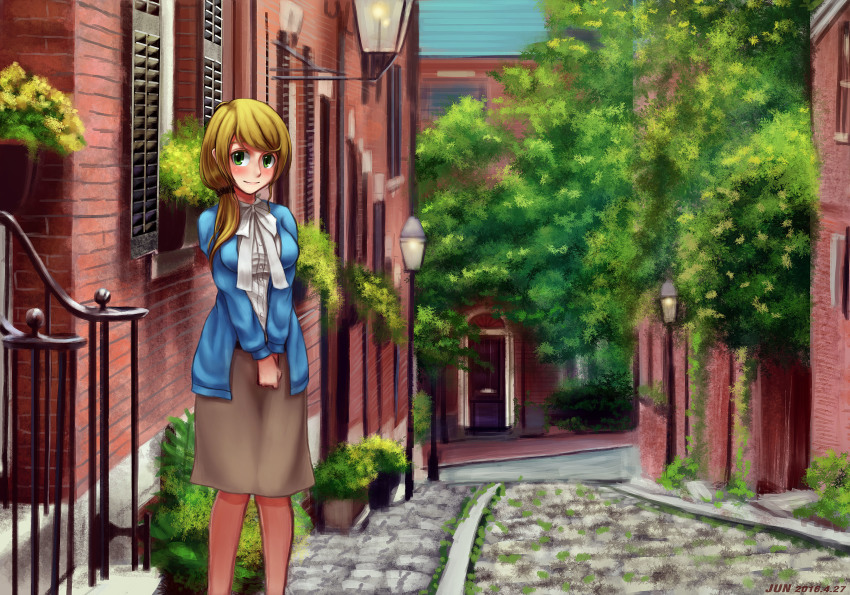 10s 1girl 2016 absurdres artist_name blonde_hair blue_jacket blush dated ellen_baker female_focus green_eyes highres jacket long_hair low_ponytail miniskirt new_horizon outdoors scrunchie shen_q_jun side_ponytail skirt smile solo