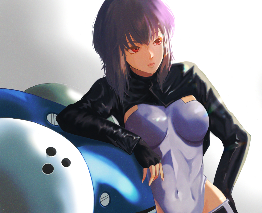 1girl absurdres black_gloves breasts covered_navel fingerless_gloves ghost_in_the_shell gloves highres kusanagi_motoko leaning_on_object leaning_to_the_side leotard medium_breasts poporun solo strapless strapless_leotard tachikoma white_background white_leotard