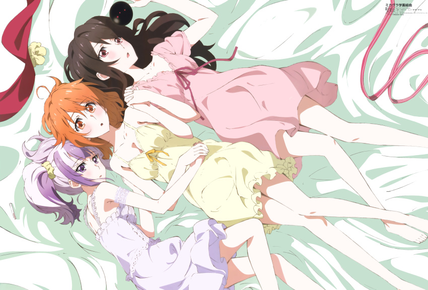 10s 3girls absurdres ahoge barefoot bed black_hair blush breasts cleavage dress fujishiro_otone girl_sandwich holding_hands highres ichinomiya_eruna interlocked_fingers long_hair megami_magazine mikagura_gakuen_kumikyoku mikagura_seisa multiple_girls nakano_yuuki nightgown official_art purple_eyes purple_hair red_eyes ribbon sandwiched scrunchie yuri