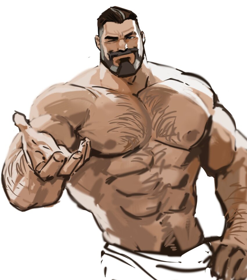 2022 arm_hair bara bare_pectorals bare_shoulders beard body_hair brimstone_(valorant) broad_shoulders brown_hair chest_hair connected_beard dopey_(dopq) facial_hair hand_on_own_hip highres multicolored_hair muscular muscular_male mustache nipples old old_man one_eye_closed pectorals reaching reaching_towards_viewer seductive_smile short_hair simple_background smile streaked_hair topless topless_male towel two-tone_beard two-tone_hair valorant