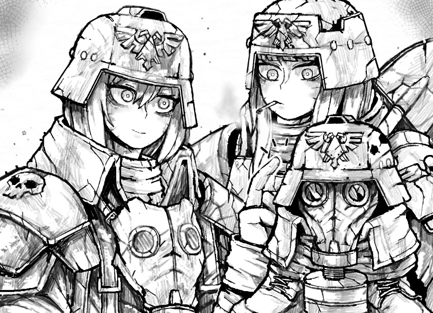 2girls aquila_(symbol) armor astra_militarum bags_under_eyes boots cigarette combat_boots death_korps_of_krieg gas_mask greyscale hair_between_eyes helmet highres imperium_of_man index_finger_raised light_smile long_hair looking_down mask mask_around_neck military military_uniform monochrome multiple_girls octosoup original shoulder_armor shoulder_pads shovel skull smoke smoking soldier warhammer_40k