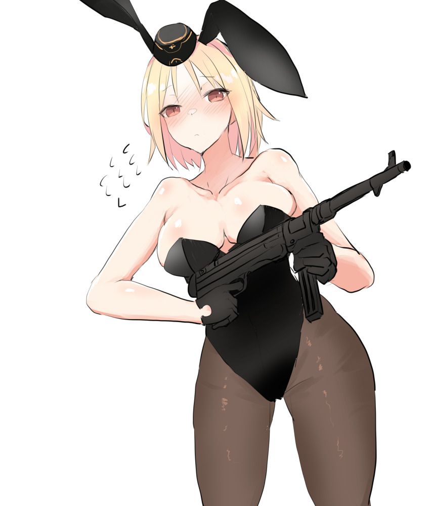 1girl absurdres alternate_costume animal_ears bare_arms black_pantyhose blonde_hair breasts collarbone embarrassed fake_animal_ears garrison_cap girls&#039;_frontline gloves gun half_gloves hat highres inconvenient_breasts large_breasts leotard medium_hair mp40 mp40_(girls&#039;_frontline) orange_eyes pantyhose playboy_bunny rabbit_ears simple_background strapless strapless_leotard submachine_gun weapon white_background yanagui_yugi