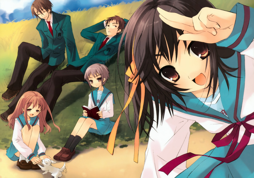 2boys 3girls absurdres animal asahina_mikuru black_pants black_socks blue_sailor_collar brown_hair dog everyone hairband highres ito_noizi kita_high_school_uniform koizumi_itsuki kyon long_sleeves multiple_boys multiple_girls nagato_yuki necktie pants puppy red_necktie sailor_collar salute school_uniform serafuku short_hair socks sos_brigade suzumiya_haruhi suzumiya_haruhi_no_yuuutsu white_socks winter_uniform