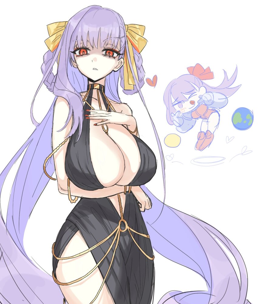 1girl bb_(fate) bb_cosmo_(fate) bb_dubai_(fate) belly_chain black_dress braid braided_hair_rings breasts center_opening chain cocktail_dress dress fate/extra fate/extra_ccc fate/grand_order fate_(series) gold_chain hair_ribbon hair_rings highres jewelry purple_hair ribbon side_slit solo takustorage twin_braids yellow_ribbon