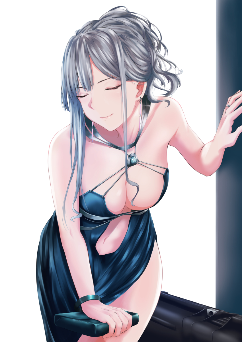 1girl absurdres ak-12_(girls&#039;_frontline) ak-12_(quiet_azure)_(girls&#039;_frontline) bag bare_shoulders blue_dress breasts center_opening cleavage closed_eyes closed_mouth dress earrings facing_viewer girls&#039;_frontline halterneck handbag highres holding jewelry leaning_forward long_hair medium_breasts navel official_alternate_costume ring sam_desu sidelocks silver_hair smile solo weapon_case wedding_band wristband