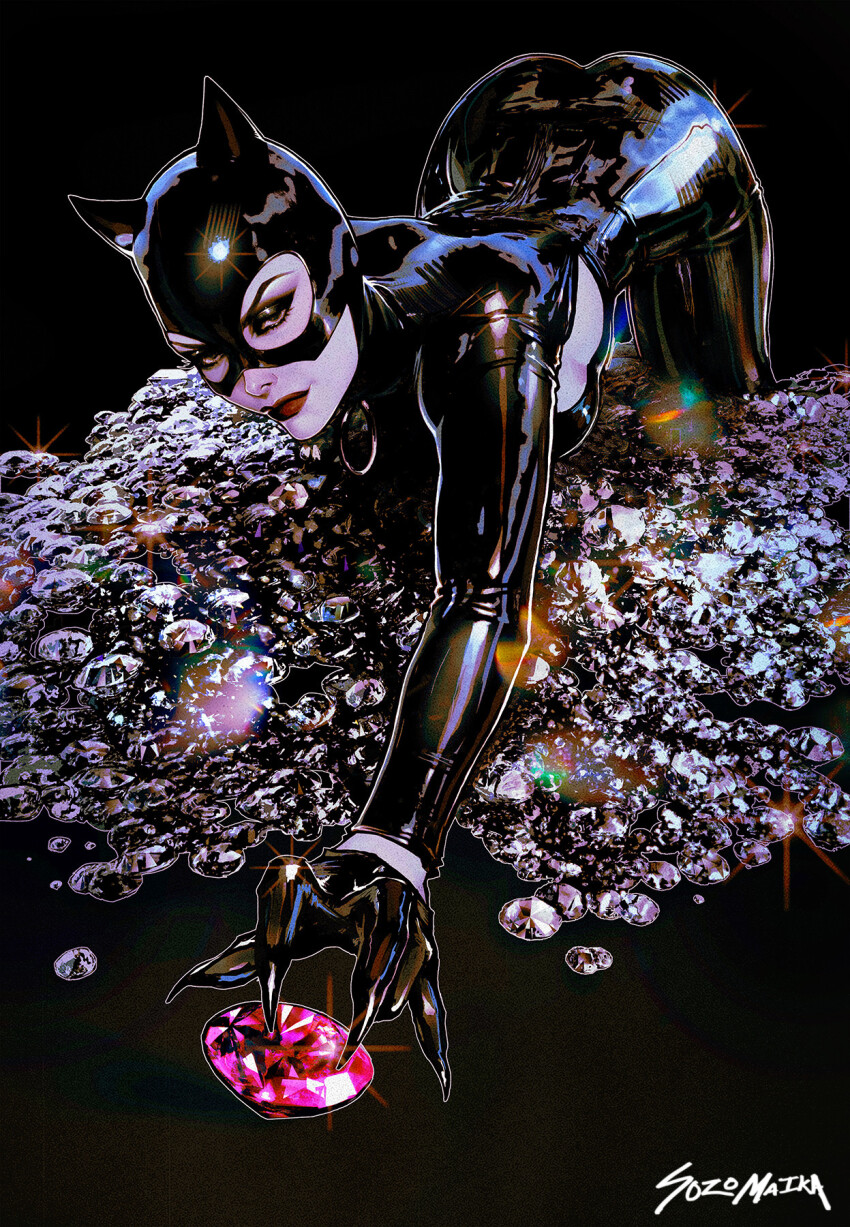 1girl all_fours animal_ears batman_(series) black_background black_bodysuit black_gloves bodysuit catsuit catwoman catwoman_(comic) comic_cover commentary dc_comics diamond_(gemstone) english_commentary fake_claws gloves highres latex latex_bodysuit leather_suit looking_at_viewer mask official_art pink_gemstone selina_kyle simple_background solo sozomaika textless_version