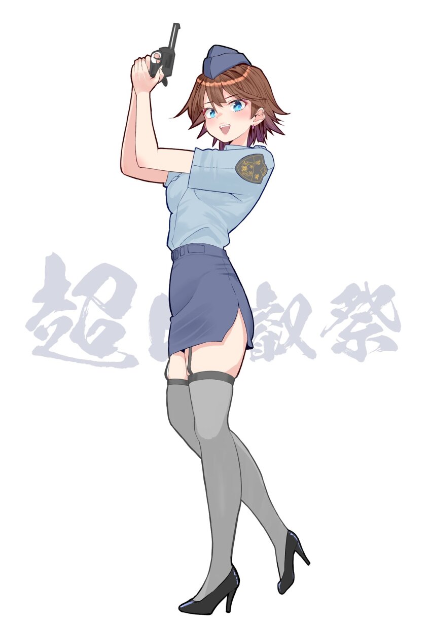 1girl alternate_costume blue_eyes blue_shirt blue_skirt brown_hair commentary_request female_service_cap flipped_hair full_body garrison_cap garter_straps grey_thighhighs gun hat hiei_(kancolle) highres holding holding_gun holding_weapon japan_national_police kantai_collection looking_at_viewer pencil_skirt police police_uniform policewoman sakurai_nana_(moshichi) second-party_source shirt short_hair simple_background skirt solo text_background thighhighs translation_request weapon weapon_request white_background