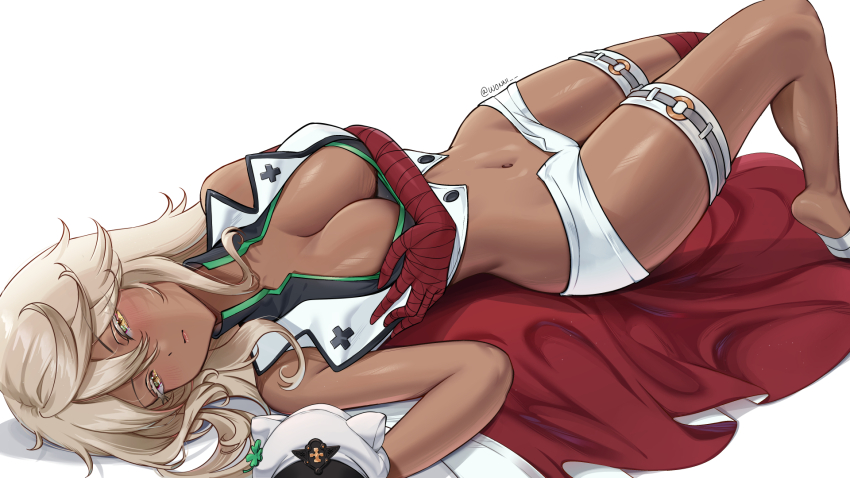 1girl bandaged_arm bandages blonde_hair breasts cleavage clover dark-skinned_female dark_skin four-leaf_clover guilty_gear hair_between_eyes hat highres large_breasts long_hair looking_at_viewer lying micro_shorts midriff navel on_back ramlethal_valentine shorts sleeveless solo thigh_strap unworn_hat unworn_headwear white_background wonnikon yellow_eyes