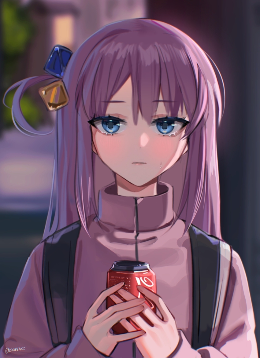 1girl backpack bag blue_eyes blurry blurry_background bocchi_the_rock! can cube_hair_ornament drink_can expressionless gotoh_hitori hair_ornament highres holding holding_can jacket long_hair long_sleeves one_side_up pink_hair pink_jacket sakichka sleeves_past_wrists soda_can solo sweatdrop upper_body