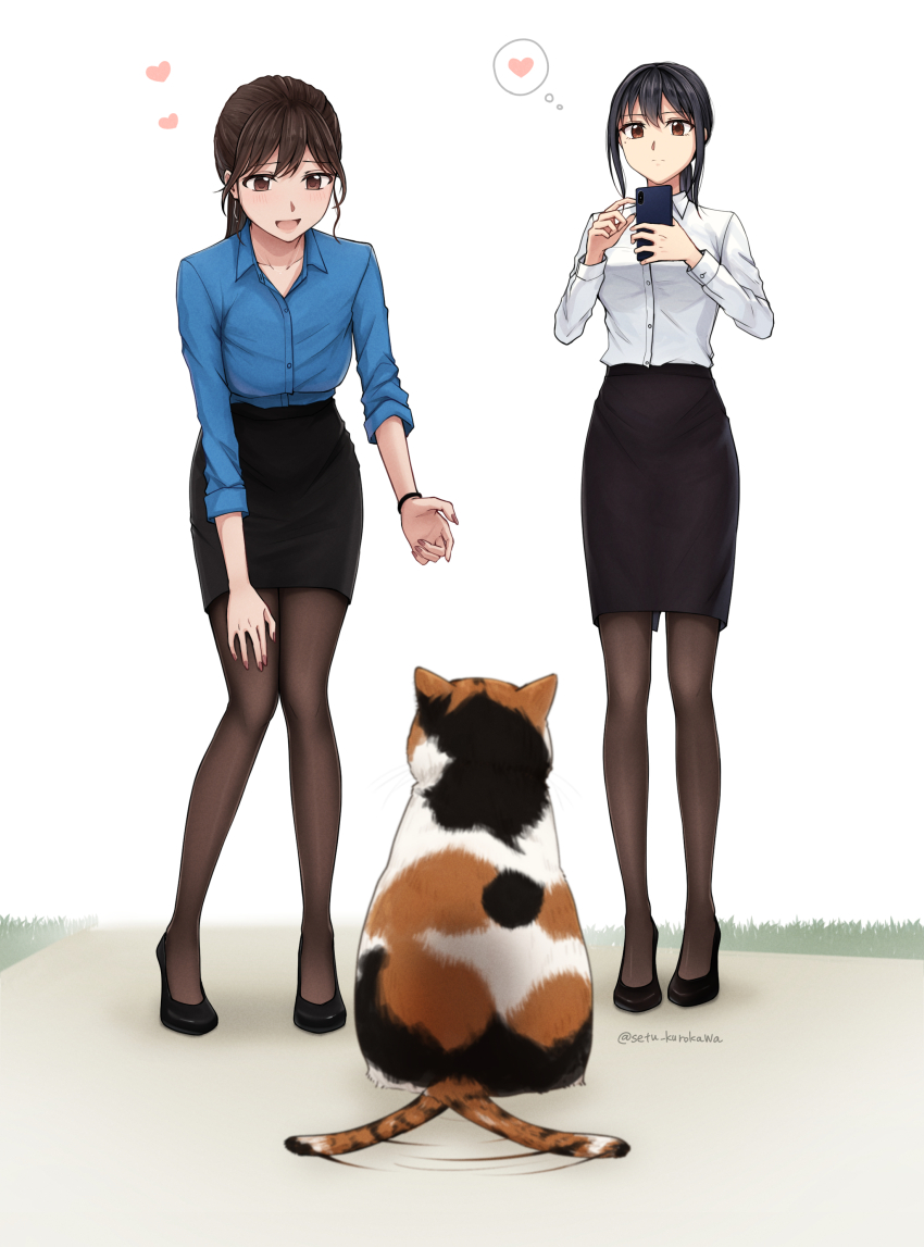 2girls absurdres animal black_hair bracelet brown_eyes brown_hair calico calico_cat cat collared_shirt commentary_request commission full_body heart highres holding holding_phone jewelry leaning_forward multiple_girls nail_polish office_lady open_mouth original pantyhose pencil_skirt phone pixiv_commission ponytail setu_kurokawa shirt shirt_tucked_in skirt sleeves_rolled_up smile speech_bubble tail tail_wagging thought_bubble