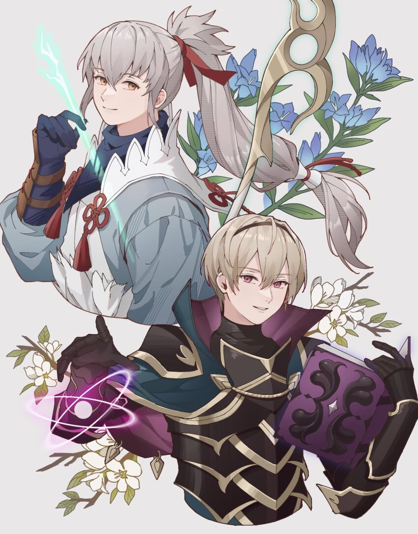 2boys ai_tkkm armor arrow_(projectile) black_armor black_capelet black_gloves blonde_hair blue_flower blue_gloves book bow_(weapon) breastplate brown_eyes capelet commentary cropped_torso fire_emblem fire_emblem_fates floating_hair floral_background flower gentiana_(flower) gloves gold_trim grey_background grey_hair grin hair_between_eyes hair_ribbon highres holding holding_arrow holding_book holding_bow_(weapon) holding_weapon japanese_clothes leo_(fire_emblem) long_hair magic male_focus multiple_boys nintendo open_book ponytail purple_eyes red_ribbon ribbon short_hair simple_background smile takumi_(fire_emblem) tiara weapon white_flower