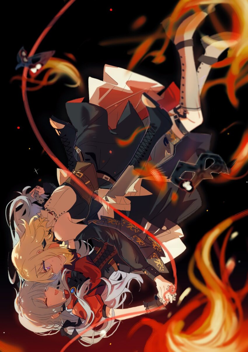 2girls ascot bang_dream! bang_dream!_it&#039;s_mygo!!!!! black_ascot black_dress black_mask black_ribbon blonde_hair blue_brooch blue_hair braid closed_eyes clothing_cutout commentary doloris_(bang_dream!) dress earrings fire garter_straps grey_socks hair_ribbon highres holding_hands jewelry kneehighs long_hair long_sleeves mask medium_hair misumi_uika multiple_girls oblivionis_(bang_dream!) okamo_(oakm071) open_mouth puffy_short_sleeves puffy_sleeves purple_eyes red_shirt ribbon shirt short_sleeves shoulder_cutout socks sweatdrop togawa_sakiko unworn_mask yuri