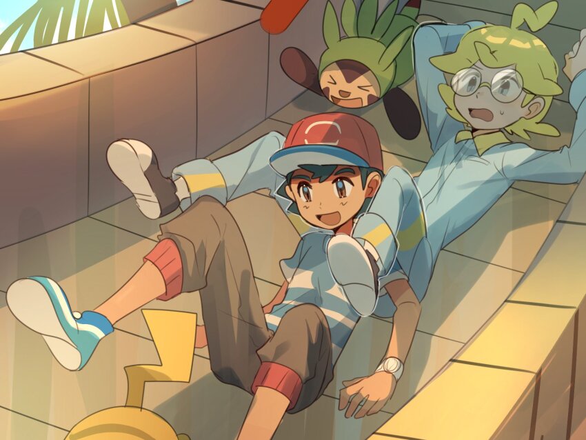 2boys :d ahoge arms_up ash_ketchum black_hair blonde_hair blue_footwear blue_shirt brown_eyes brown_pants capri_pants chespin clemont_(pokemon) commentary_request creatures_(company) day game_freak gen_1_pokemon gen_6_pokemon glasses hat highres jumpsuit male_focus multiple_boys nintendo open_mouth outdoors pants pikachu pokemon pokemon_(anime) pokemon_(creature) pokemon_sm_(anime) red_hat round_eyewear shirt shoes short_hair short_sleeves slide smile socks suikaels t-shirt white_socks