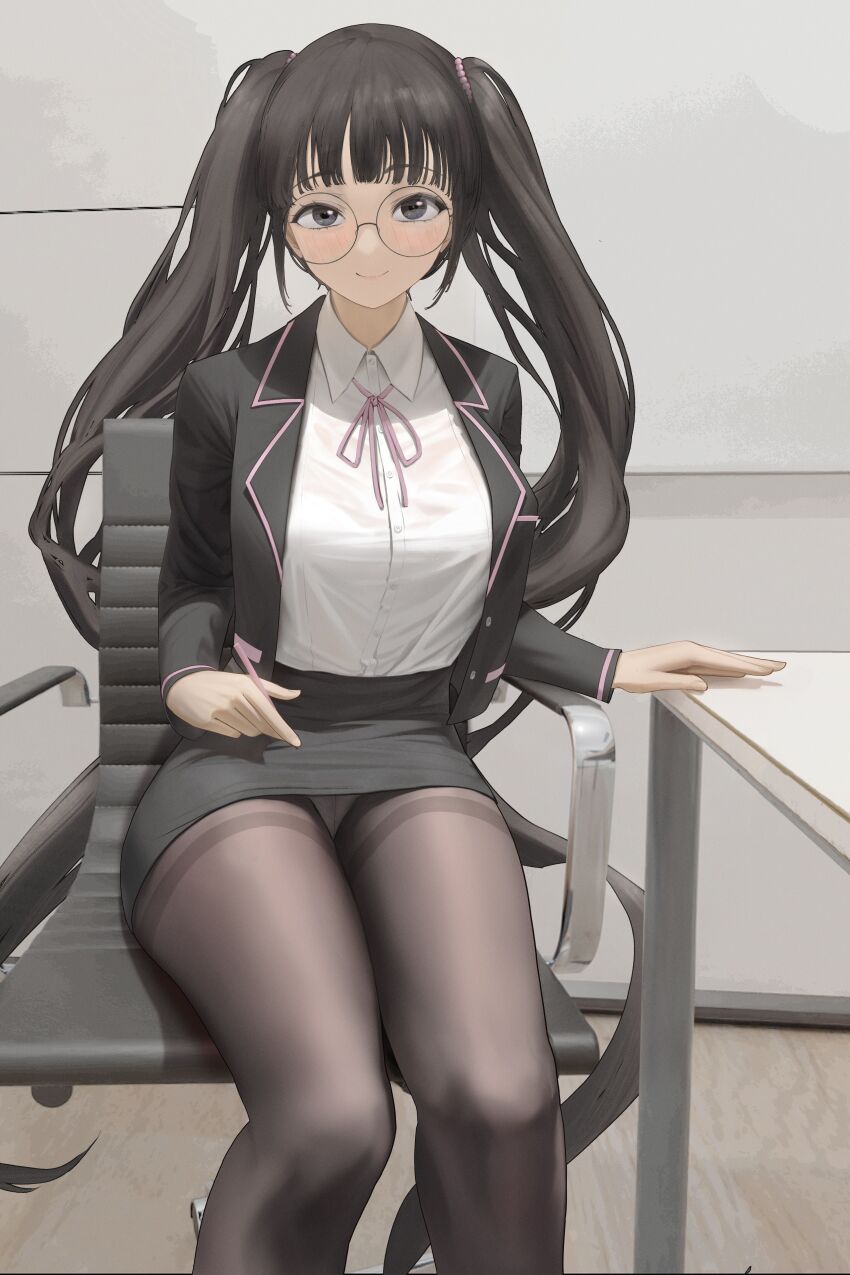 1girl absurdres artist_request black_eyes black_hair black_skirt blunt_bangs blush breasts brown_pantyhose chair closed_mouth collared_shirt glasses highres indoors jacket large_breasts long_hair neck_ribbon office_chair on_chair open_clothes open_jacket original panties pantyhose pantyshot pencil_skirt pink_ribbon ribbon round_eyewear school_uniform second-party_source shirt sitting skirt smile solo swivel_chair table thighband_pantyhose twintailed_girl_(woo_ing) twintails underwear very_long_hair