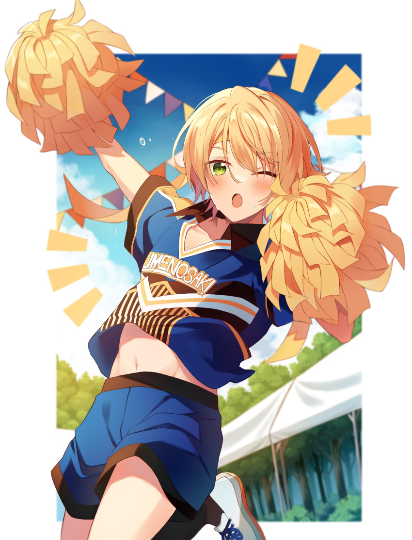 1boy ;o absurdres arm_up bishounen blonde_hair blue_shorts blue_sky blush border bush cheerleader clothes_writing cloud collarbone collared_shirt commentary_request day ensemble_stars! forest green_eyes hair_between_eyes hand_up highres holding holding_pom_poms leg_up looking_at_viewer male_focus nature navel notice_lines one_eye_closed open_mouth outside_border pennant pom_pom_(cheerleading) pom_poms print_shirt shiratori_aira_(ensemble_stars!) shirt shoes short_hair short_sleeves shorts sidelocks sky sneakers solo stomach string_of_flags sweatdrop teeth tooka_4120 tree upper_teeth_only white_border white_footwear white_shirt wing_collar