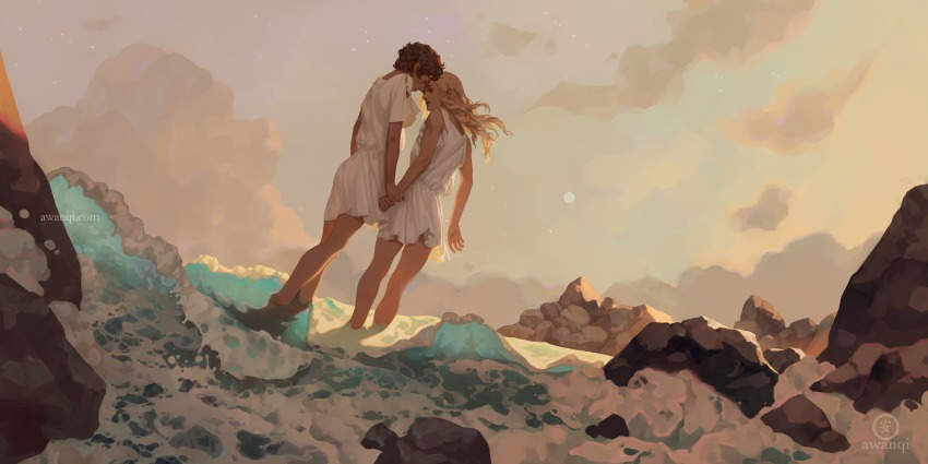 2boys absurdres achilles_(mythology) artist_name awanqi cloud cloudy_sky greek_mythology highres long_hair male_focus multiple_boys patroclus_(mythology) rock short_hair sky the_song_of_achilles toga water waves wide_shot wind yaoi