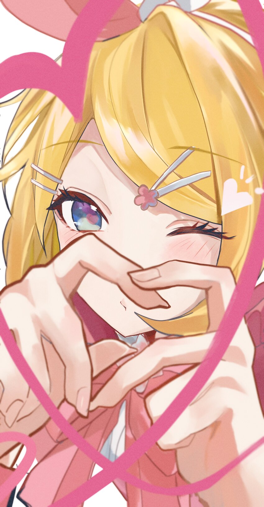 1girl absurdres blowing_kiss blue_eyes bow eyelashes hair_bow hair_ornament hairclip happy_valentine heart heart-shaped_pupils heart_hands heart_of_string highres inubangarou kagamine_rin light_blush looking_at_viewer medium_hair one_eye_closed pink_bow pink_pupils puckered_lips solo swept_bangs symbol-shaped_pupils two-tone_bow valentine vocaloid white_bow