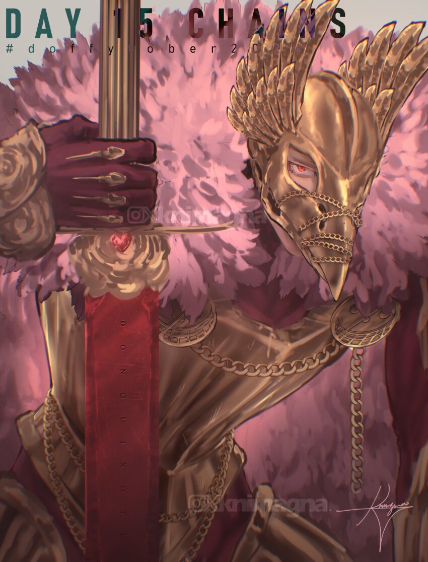 1boy armor beaked_helmet chain coat cuirass donquixote_doflamingo english_text feathered_coat gloves helmet highres holding holding_sword holding_weapon inktober knimagna looking_at_viewer male_focus one_eye_covered one_piece pink_coat red_eyes red_gloves red_shirt shirt solo sword weapon winged_helmet