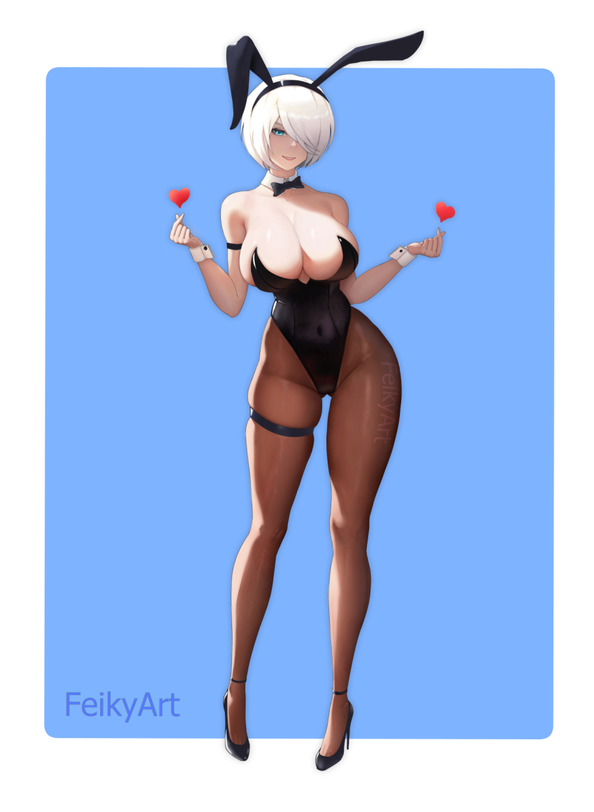 1girl 2b_(nier:automata) animal_ears artist_name black_bow black_bowtie black_leotard blue_eyes bow bowtie breasts brown_pantyhose curvy detached_collar fake_animal_ears feikyart full_body heart high_heels highleg highleg_leotard highres huge_breasts leotard nier:automata nier_(series) no_blindfold pantyhose playboy_bunny rabbit_ears short_hair solo standing strapless strapless_leotard thigh_strap white_hair wide_hips wrist_cuffs