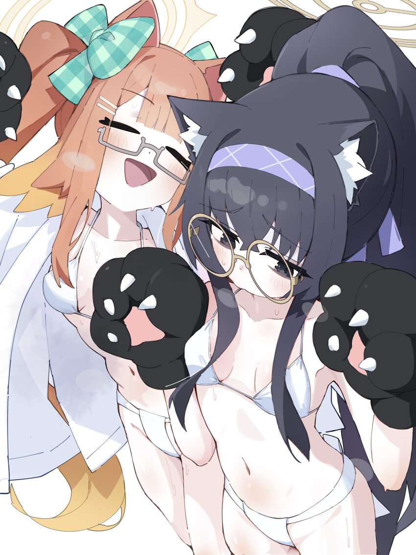 2girls absurdres animal_hands bags_under_eyes bikini black_eyes black_gloves black_hair blue_archive blush bow breasts cat_paws cat_tail closed_eyes glasses gloves green_bow hair_bow hairband halo highres kilabo long_hair multiple_girls navel open_mouth orange_hair paw_gloves purple_hairband round_eyewear shimiko_(blue_archive) simple_background small_breasts smile swimsuit tail ui_(blue_archive) white_background white_bikini yellow_halo